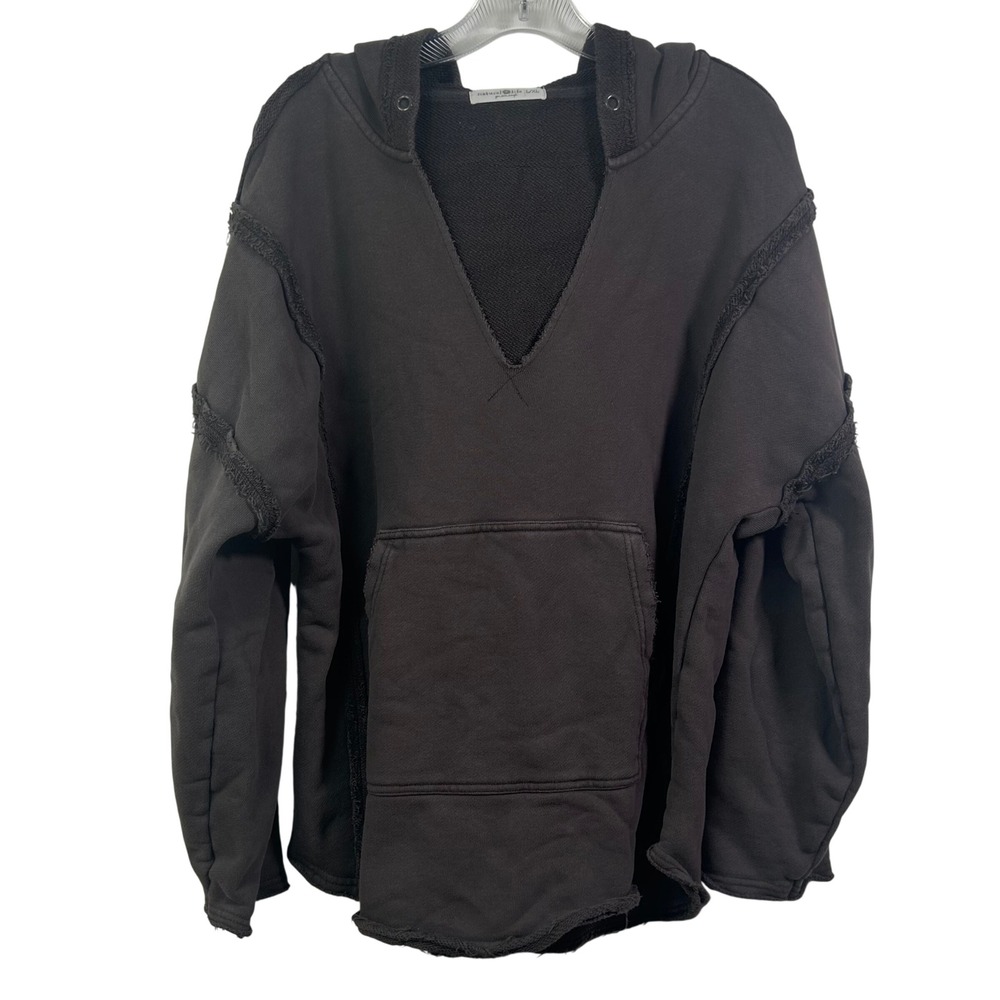 Natural Life V-Neck Distressed Hoodie Faded Black Raw Edge Cotton L/XL